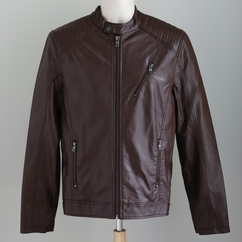 Guess Men's Faux Leather Brown Moto Jacket Size Medium